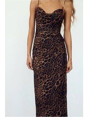 Zara Mesh Ruched Bodycon Bustier Maxi Dress in Leopard Size Medium